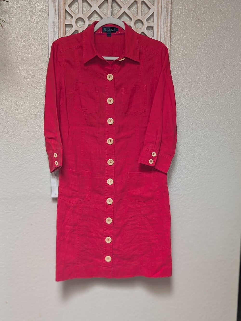 Boden women's 12R linen shirt dress button down red 3/4 sleeve nautical coastal